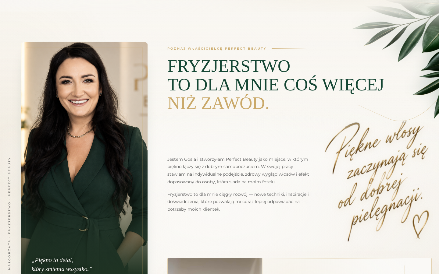 Perfect Beauty — sekcja o właścicielce z edytorską typografią