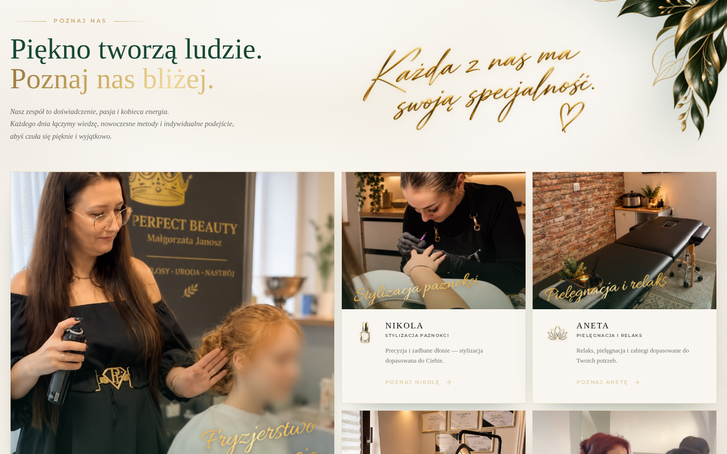 Perfect Beauty — sekcja „Poznaj nas” z prezentacją zespołu salonu