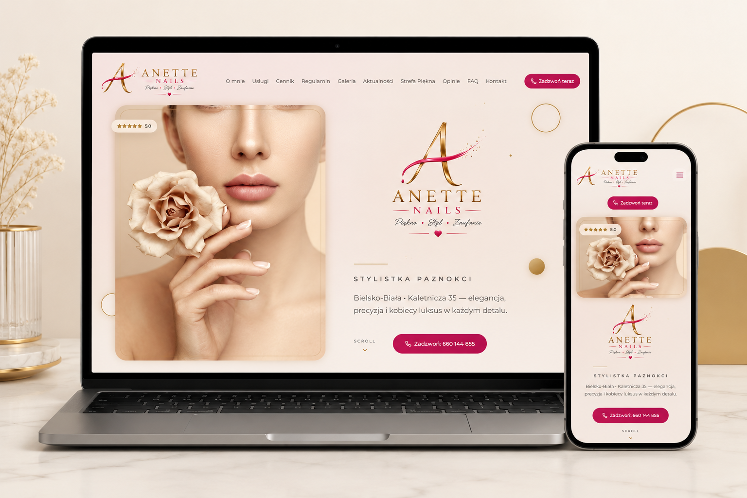 Realizacja Anette Nails — strona internetowa salonu stylizacji paznokci na laptopie i telefonie