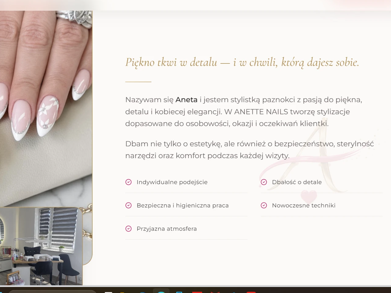 Anette Nails — sekcja „O mnie” ze zdjęciem stylizacji i opisem stylistki