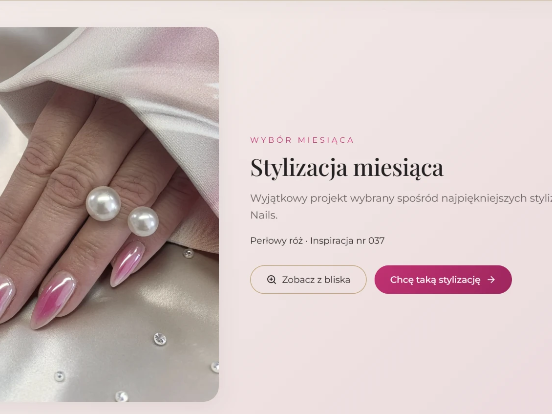 Anette Nails — sekcja „Stylizacja miesiąca” ze zdjęciem stylizacji i przyciskiem „Chcę taką stylizację”